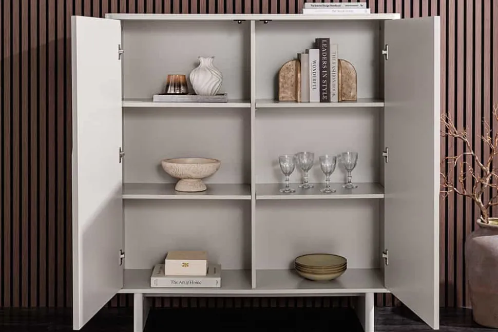 Design Highboard SAVOY 130cm kaschmir weiß Marmor Keramik mit Stauraum und 3D-Front