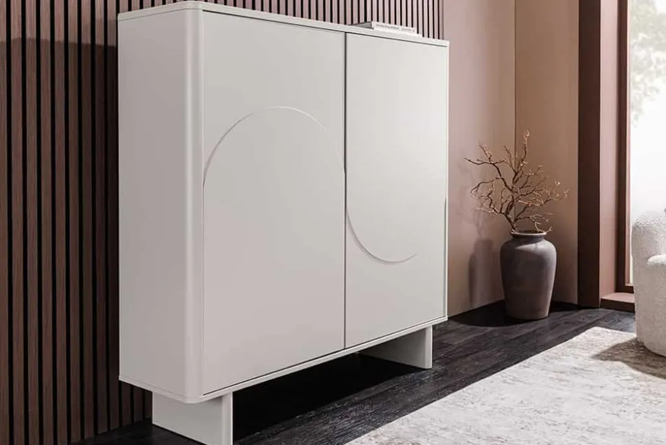 Design Highboard SAVOY 130cm kaschmir weiß Marmor Keramik mit Stauraum und 3D-Front