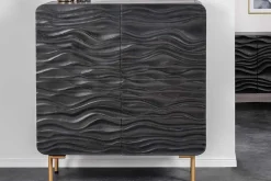Design Highboard WAVE 120cm schwarz Mangoholz mit 3D Schnitzereien mattgold Metallbeine