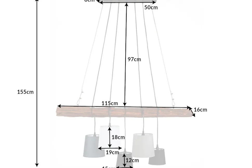 Design Hängelampe LEVELS 115cm Treibholz schwarz grau mit 5 Leuchten