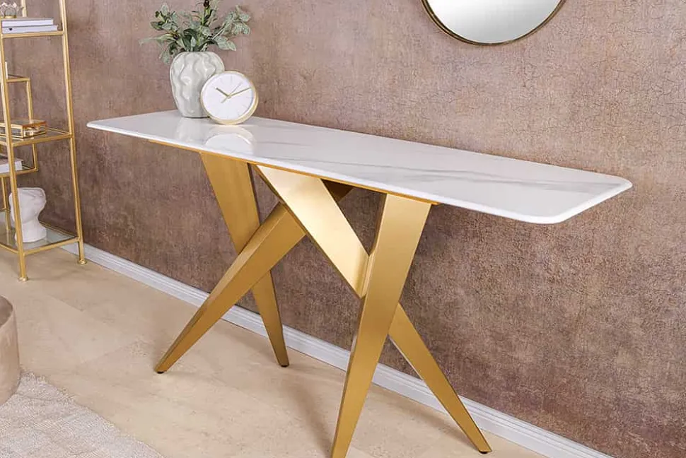 Design Konsolentisch ART LIVING 140cm weiß Marmor Keramik champagner gold brushed