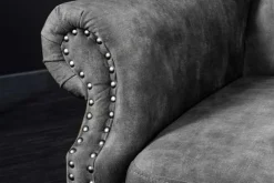 Design Ohrensessel CHESTERFIELD 105cm grau Samt silber Nieten