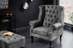 Design Ohrensessel CHESTERFIELD 105cm grau Samt silber Nieten