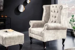 Design Ohrensessel CHESTERFIELD 105cm champagner beige Samt silber Ziernieten