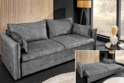 Design Schlafsofa APARTMENT 215cm grau Samt 3-Sitzer Couch inkl. Bettkasten Kissen