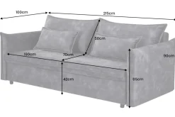 Design Schlafsofa APARTMENT 215cm grau Samt 3-Sitzer Couch inkl. Bettkasten Kissen