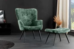 Design Sessel SCANDINAVIA grün Chenille Cremona schwarz Metall mit Armlehne