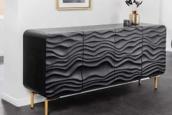 Design Sideboard WAVE 160cm schwarz Mangoholz Massivholz mattgold Metallbeine