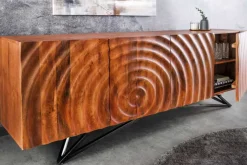 Design Sideboard ZEN 180cm braun Mangoholz mit 3D Schnitzereien Metallgestell schwarz handmade