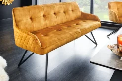 Design Sitzbank EUPHORIA 160cm senfgelb Samt Retrostil Ziersteppung Hairpin Legs Metallbeine Armlehnen