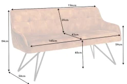 Design Sitzbank EUPHORIA 160cm senfgelb Samt Retrostil Ziersteppung Hairpin Legs Metallbeine Armlehnen
