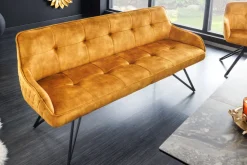 Design Sitzbank EUPHORIA 160cm senfgelb Samt Retrostil Ziersteppung Hairpin Legs Metallbeine Armlehnen