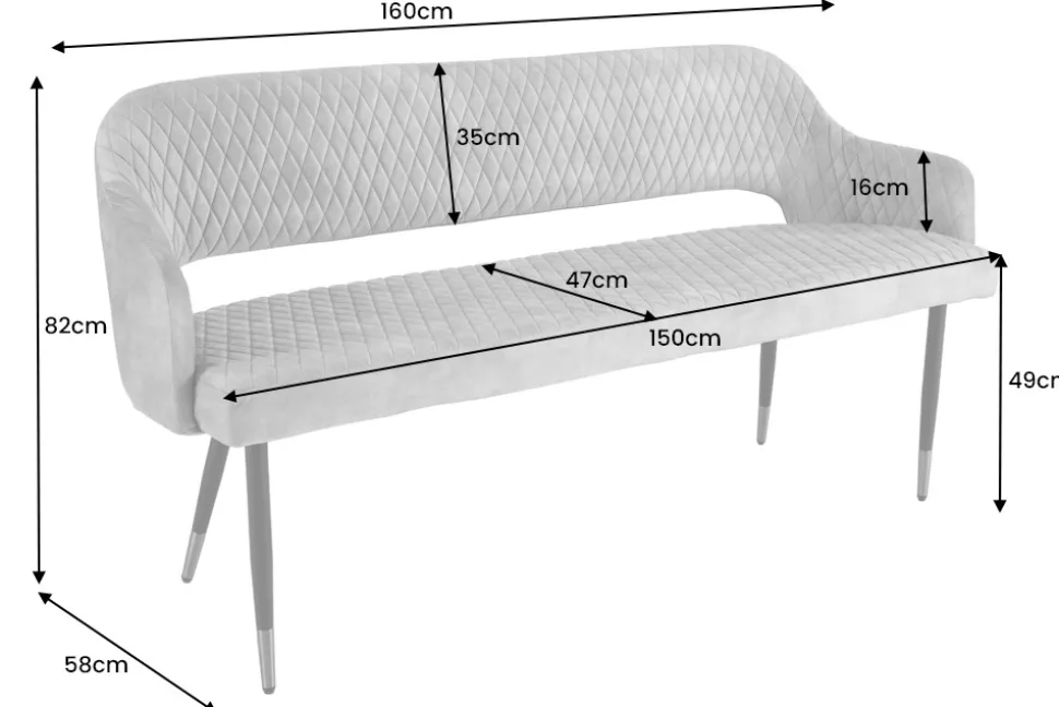 Design Sitzbank PARIS 160cm grau Samt Rückenlehne goldene Fußkappen Retro