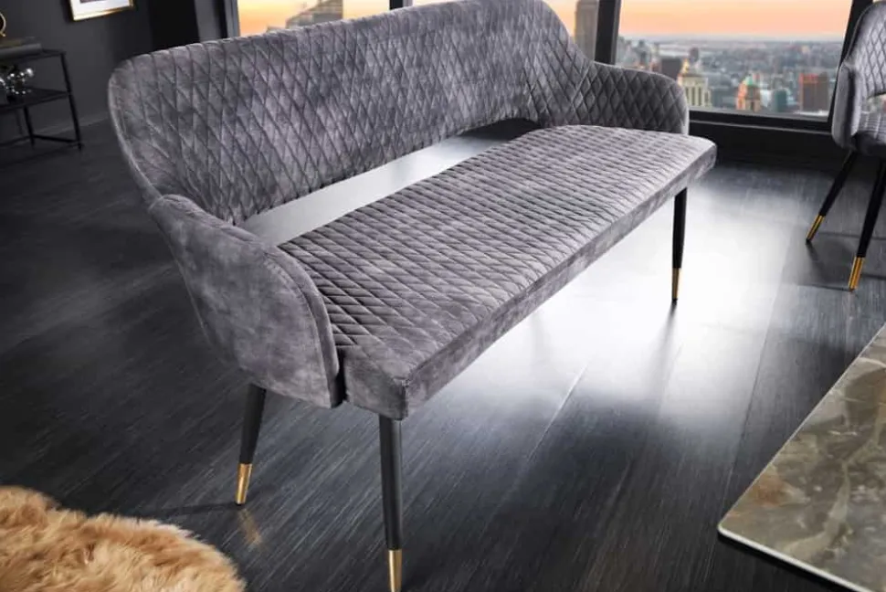 Design Sitzbank PARIS 160cm grau Samt Rückenlehne goldene Fußkappen Retro