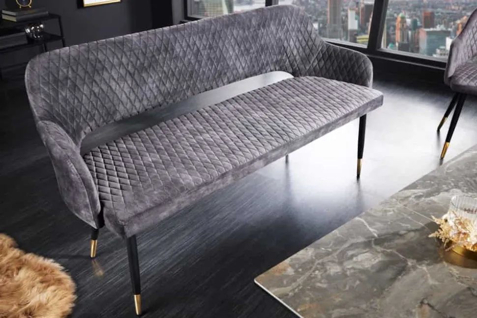 Design Sitzbank PARIS 160cm grau Samt Rückenlehne goldene Fußkappen Retro