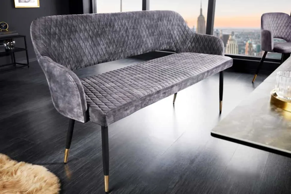 Design Sitzbank PARIS 160cm grau Samt Rückenlehne goldene Fußkappen Retro