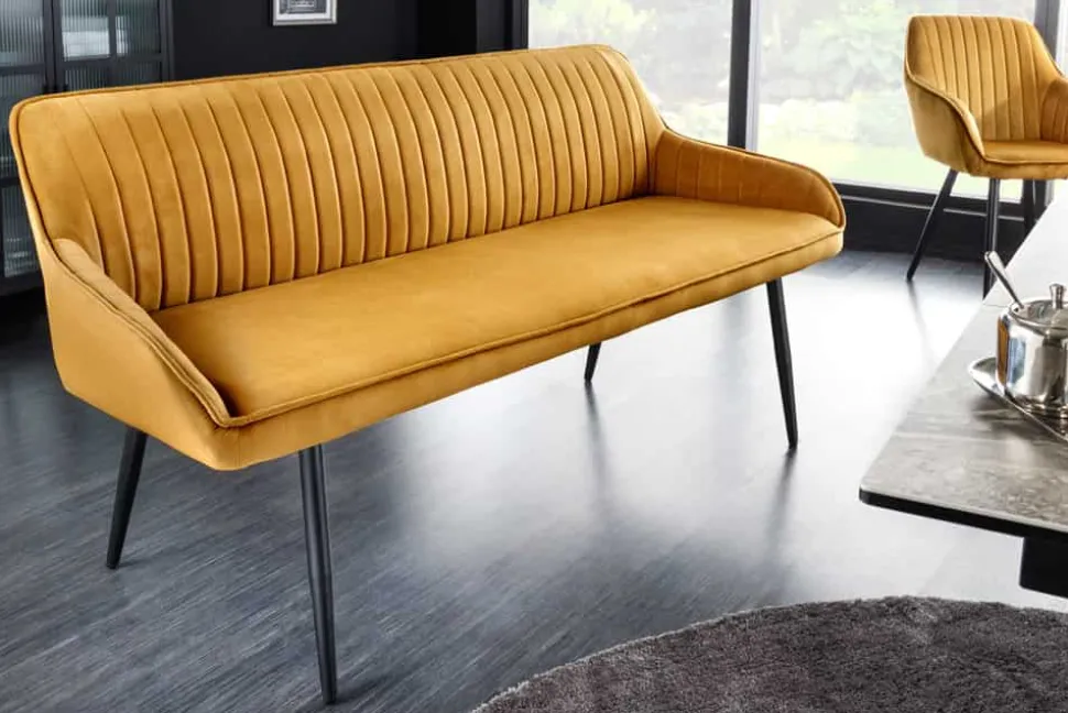 Design Sitzbank TURIN 160cm senfgelb Samt schwarz Metallbeine Armlehne