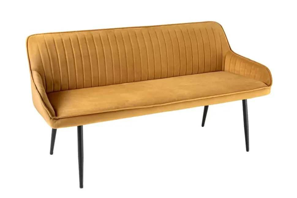 Design Sitzbank TURIN 160cm senfgelb Samt schwarz Metallbeine Armlehne