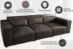 Design 3-Sitzer Sofa BOSSA NOVA 260cm antik dunkelgrau Microfaser Couch Wohnzimmer