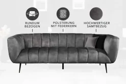 Design 3-Sitzer Sofa NOBLESSE 225cm grau Samt Federkern schwarze Metallfüße