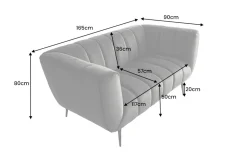 Design 2-Sitzer Sofa NOBLESSE 165cm grau Samt schwarze Metallfüße Federkern