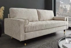 Design Sofa COZY VELVET 220cm beige Chenille Federkern 3-Sitzer mit goldener Kappe