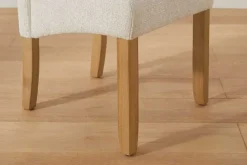 Design Stuhl CASA beige Bouclé Tweed Soft Massivholzbeine Zierknöpfe und Nackenrolle