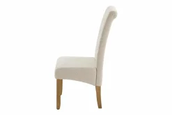 Design Stuhl CASA beige Bouclé Tweed Soft Massivholzbeine Zierknöpfe und Nackenrolle