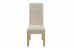 Design Stuhl CASA beige Bouclé Tweed Soft Massivholzbeine Zierknöpfe und Nackenrolle