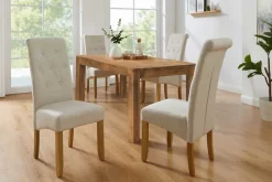 Design Stuhl CASA beige Leinen Massivholzbeine mit Zierknöpfen und Nackenrolle