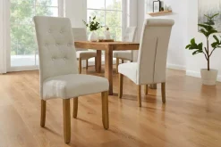Design Stuhl CASA beige Leinen Massivholzbeine mit Zierknöpfen und Nackenrolle