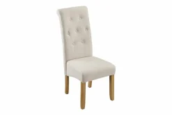 Design Stuhl CASA beige Strukturstoff Massivholzbeine mit Zierknöpfen und Nackenrolle