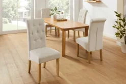 Design Stuhl CASA beige Strukturstoff Massivholzbeine mit Zierknöpfen und Nackenrolle