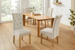 Design Stuhl CASA beige Strukturstoff Massivholzbeine mit Zierknöpfen und Nackenrolle