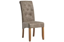 Design Stuhl CASA taupe Microfaser mit Zierknöpfen Massivholzbeine