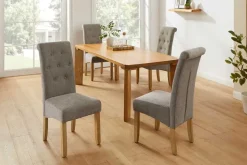 Design Stuhl CASA taupe Strukturstoff Massivholzbeine mit Zierknöpfen und Nackenrolle