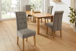 Design Stuhl CASA taupe Strukturstoff Massivholzbeine mit Zierknöpfen und Nackenrolle