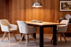 Design Stuhl LIVORNO beige Strukturstoff Massivholzbeine drehbar Auto-Return-Funktion