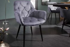 Design Stuhl MILANO grau Samt mit Armlehne Ziersteppung gepolstert schwarze Metallbeine