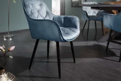 Design Stuhl MILANO petrol Samt mit Armlehne Ziersteppung gepolstert schwarze Metallbeine