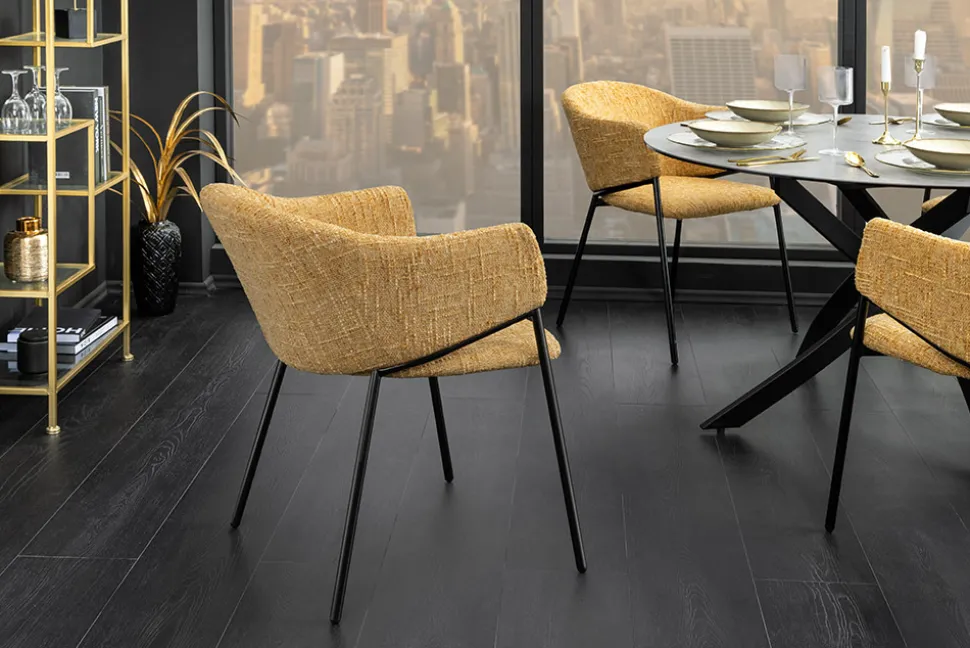 Design Stuhl NOBLESSE senfgelb Chenille schwarzes Metallgestell