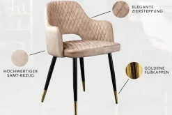 Design Stuhl PARIS greige Samt mit Armlehnen Ziersteppung goldene Fußkappen