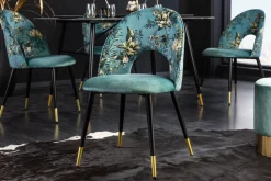 Design Stuhl PRÊT-À-PORTER türkis Samt florales Muster und goldene Fußkappen