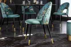 Design Stuhl PRÊT-À-PORTER türkis Samt florales Muster und goldene Fußkappen