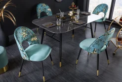 Design Stuhl PRÊT-À-PORTER türkis Samt florales Muster und goldene Fußkappen