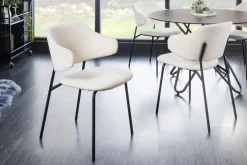 Design Stuhl VOGUE weiß Bouclé schwarze Metallbeine