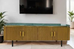 Design TV-Board VENEZIANO 160cm messing grün Marmorplatte Mangoholz Retro