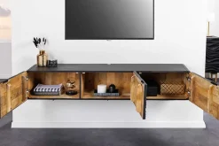 Design TV-Board WAVE 160cm schwarz Mangoholz mit 3D Schnitzereien hängend
