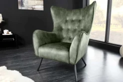 Design XL Sessel AMSTERDAM grün Samt schwarze Metallbeine Retro Stil