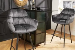 Drehbarer Barhocker PAPILLON grau Samt Barstuhl mit Lehne schwarze Metallbeine